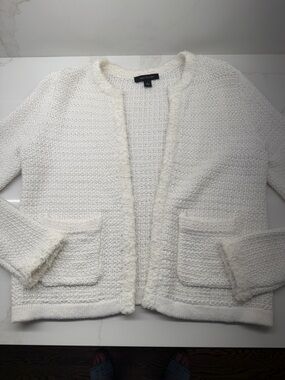 Ann Taylor White Bouclé Open-Front Cardigan Jacket